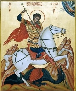 Icon of Saint George the Great Martyr on a white horse slaying the dragon